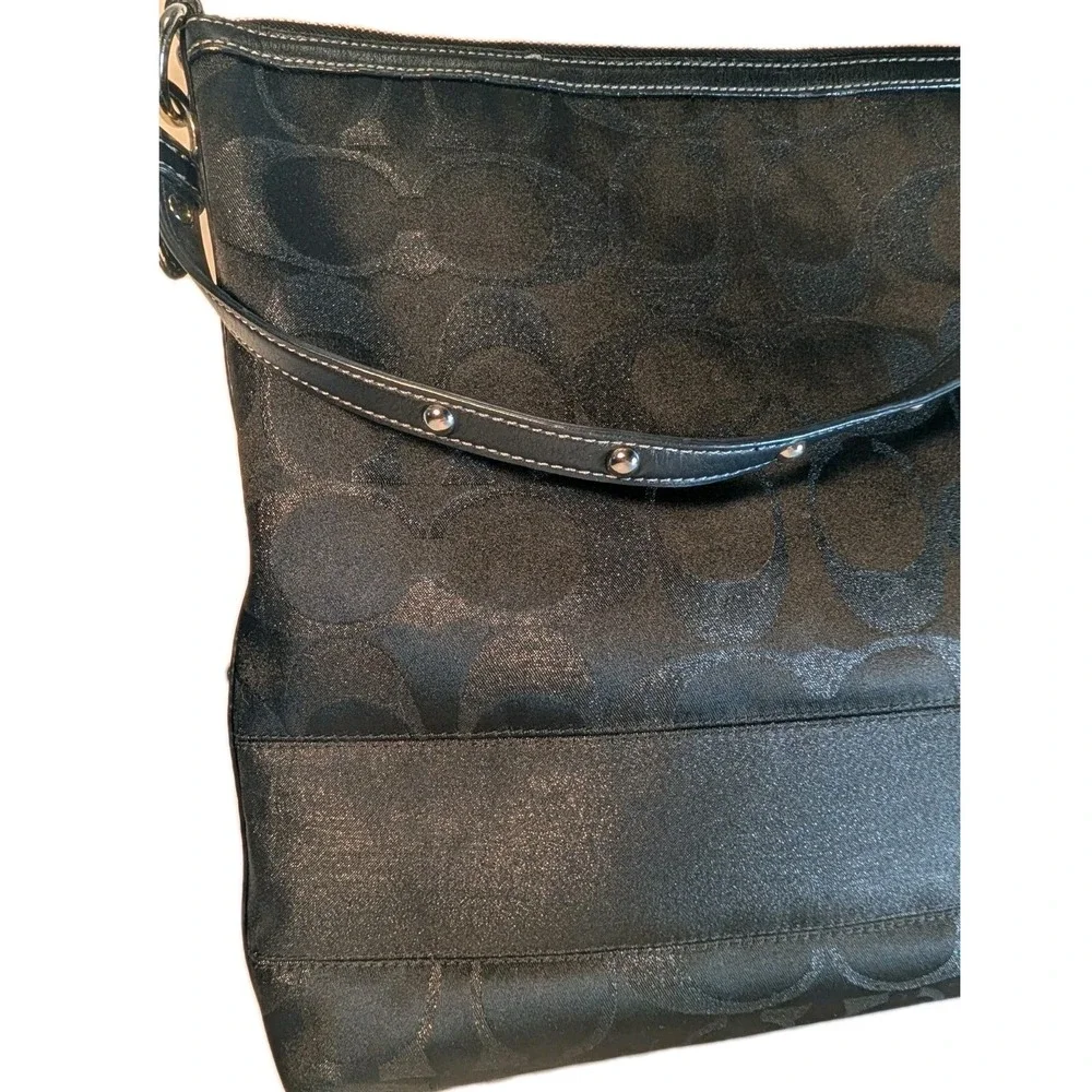 Coach 12904 Black Signature C Lurex Studded Tote Shoulder Bag Leather Trim Purse